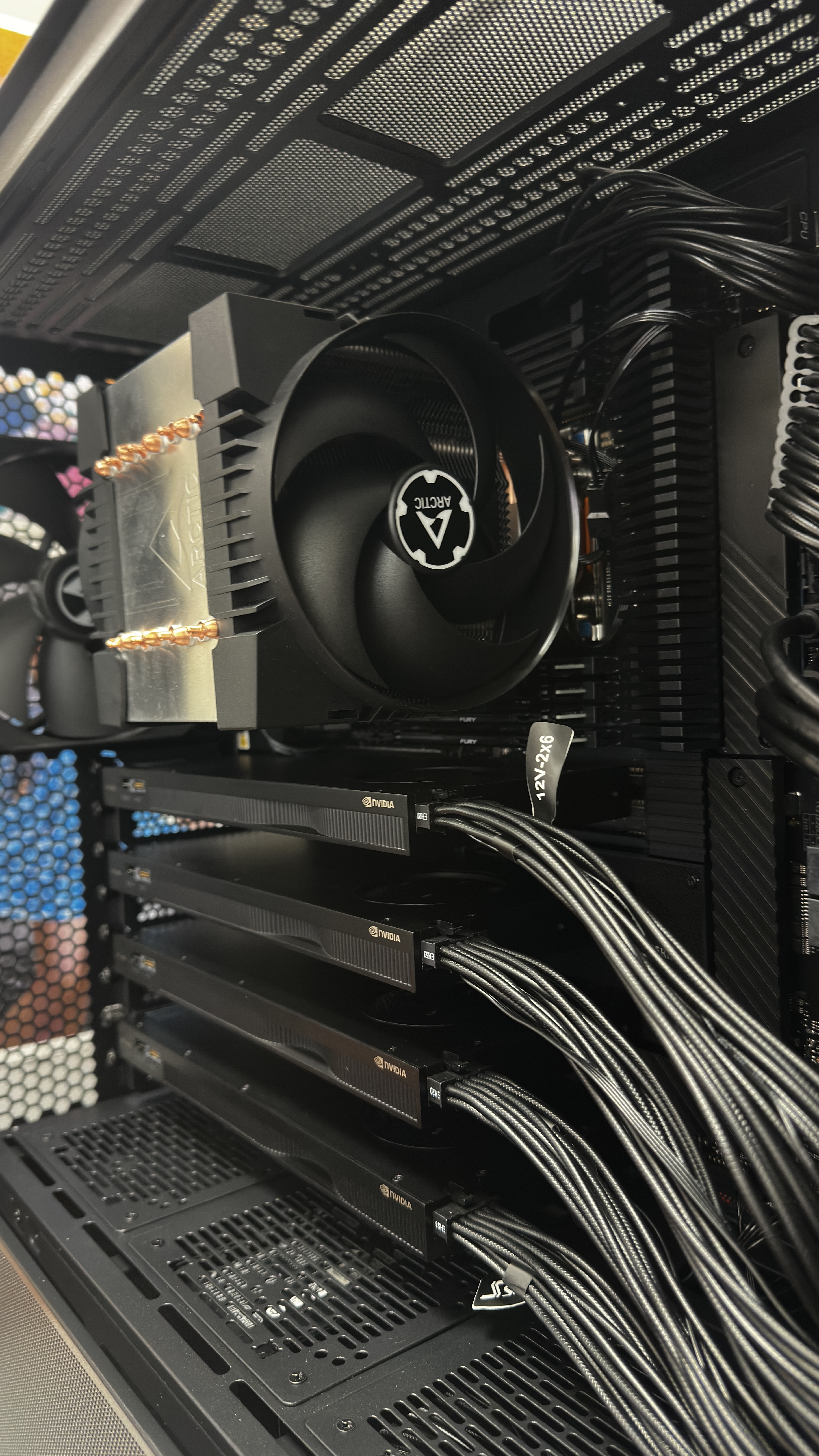 GPU cluster — NVIDIA cards and cooling detail